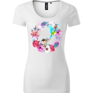 Női póló "Színes madarak virágokkal" mintával